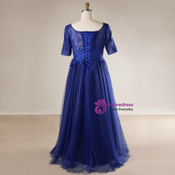 Plus Size Blue Tulle Appliques Short Sleeve Long Prom Dress