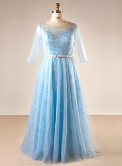 Plus Size Blue Tulle Print Short Sleeve Backless Prom Dress