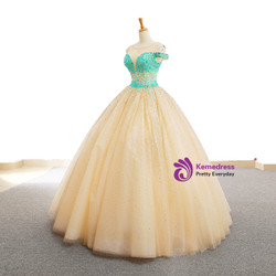 Champagne Ball Gown Tulle Crystal Backless Wedding Dress