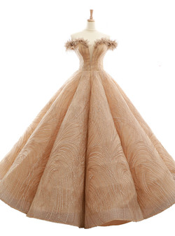 Champagne Ball Gown Off  The Shoulder Sequins Long Wedding Dress