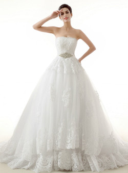 White Ball Gown Tulle Lace Strapless With Sash Wedding Dress