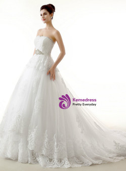 White Ball Gown Tulle Lace Strapless With Sash Wedding Dress