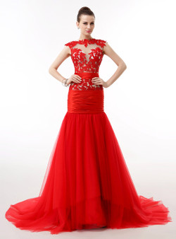 Red Mermaid Tulle Lace Cap Sleeve Backless Prom Dress