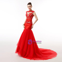 Red Mermaid Tulle Lace Cap Sleeve Backless Prom Dress