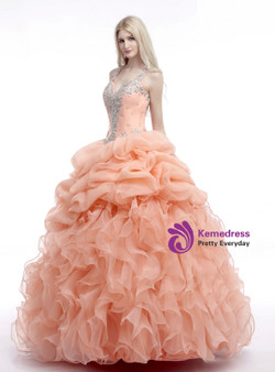 Orange Ball Gown Straps V-neck With Beading Quinceanera Dresses