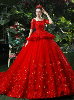 Red Ball Gown Tulle Appliques Short Sleeve Hand Made Flower Wedding Dress
