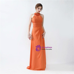 Orange Halter Chiffon Floor Length Bridesmaid Dress With Pleats