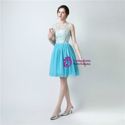 A-Line Blue Chiffon Lace Knee Length Bridesmaid Dress