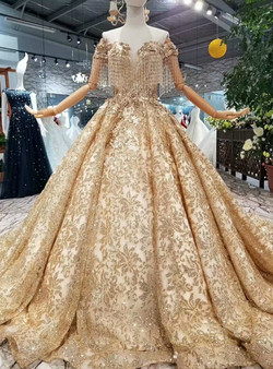 Gold Ball Gown Sequins Off The Shoulder Backless With Beading Wedding Dress