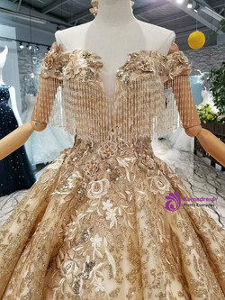 Gold Ball Gown Sequins Off The Shoulder Backless With Beading Wedding Dress