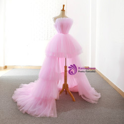 A-line Pink Spaghetti Straps Hi Lo Tulle Backless Wedding Dress