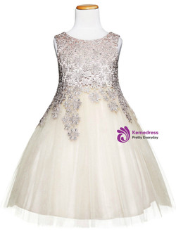 In Stock:Ship in 48 Hours Champagne Tulle Appliques Girl Dress