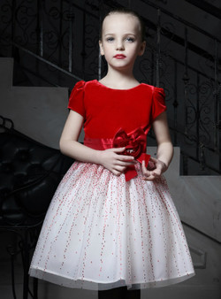 In Stock:Ship in 48 Hours Red Velvet White Tulle Sequins Flower Girl Dress