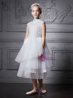 In Stock:Ship in 48 Hours White High Neck Tea Length Girl Dress