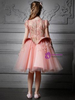 In Stock:Ship in 48 Hours Pink Tulle Cap Sleeve Flower Girl Dress