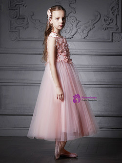 In Stock:Ship in 48 Hours Pink Tulle Appliques Tea Length Girl Dress