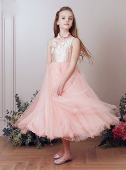 In Stock:Ship in 48 Hours Pink High Neck Tulle Tea Length Girl Dress