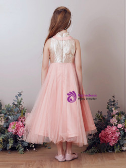 In Stock:Ship in 48 Hours Pink High Neck Tulle Tea Length Girl Dress