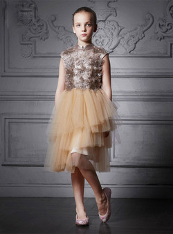 In Stock:Ship in 48 Hours Champagne Tulle High Neck Girl Dress