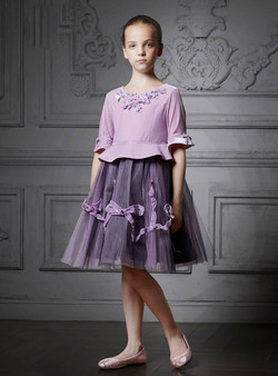 In Stock:Ship in 48 Hours Purple Tulle Short Sleeve Appliques Girl Dress