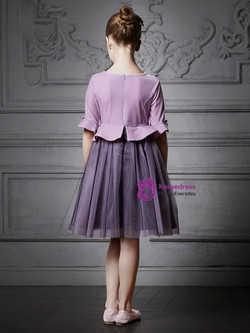 In Stock:Ship in 48 Hours Purple Tulle Short Sleeve Appliques Girl Dress