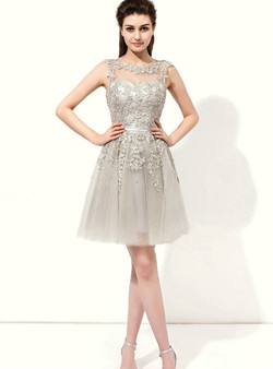 Gray Tulle Appliques Backless Sleeveless Knee Length Bridesmaid Dress