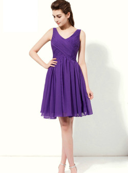 Purple Chiffon V-neck Backless With Pleats Knee Length Bridesmaid Dress