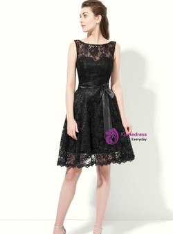 A-Line Black Lace Backless With Sash Knee Length Bridesmaid Dress