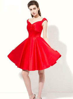 A-line Red Straps Satin Knee Length Bridesmaid Dress