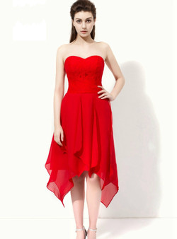 Red Sweetheart Chiffon Lace Tea Length Bridesmaid Dress