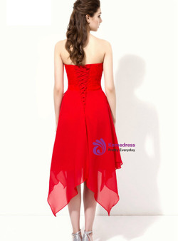 Red Sweetheart Chiffon Lace Tea Length Bridesmaid Dress
