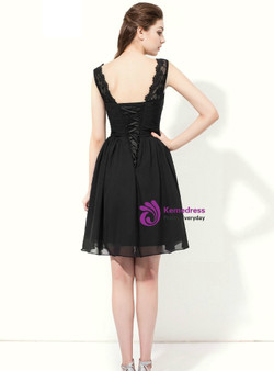 Black Chiffon Lace V-neck Backless Knee Length Bridesmaid Dress