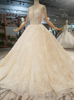 Champagne Ball Gown Tulle High Neck Backless With Beading Wedding Dress
