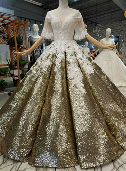 Gold Ball Gown Sequins White Appliques Off The Shoulder Wedding Dress