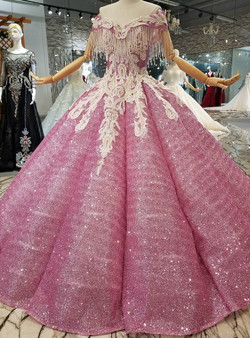 Pink Ball Gown Sequins Off The Shoulder Appliques Backless Wedding Dress