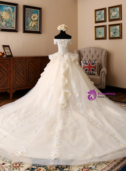 Light Champagne Ball Gown Tulle Off The Shoulder With Pearls Wedding Dress