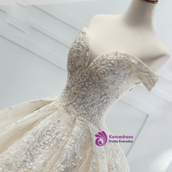 Champagne Ball Gown Tulle Appliques With Beading Off The Shoulder Wedding Dress