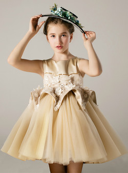 Champagne Tulle Satin Appliques Short Flower Girl Dress