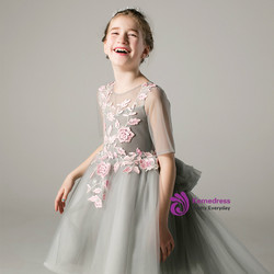 A-Line Gray Hi Lo Tulle Short Sleeve Appliques Flower Girl Dress A-Line Gray Hi Lo Tulle Short Sleeve Appliques Flower Girl Dress