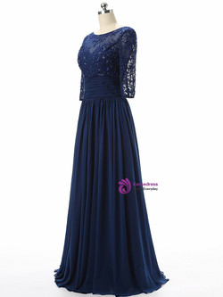 Blue Chiffon Scoop Neck Lace Short Sleeve Mother Of The Bride Dress