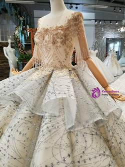 Luxury Sliver Gray Ball Gown Sequins Short Sleeve Train Wedding Dress