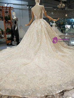 Champagne Ball Gown Sequins High Neck Long Train Wedding Dress