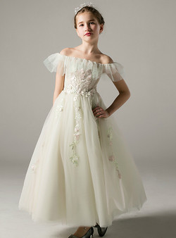 Champagne Tulle Appliques Off The Shoulder Long Girl Dress