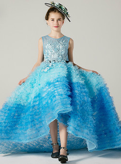 A-Line Blue Hi Lo Tulle Appliques With Sash Flower Girl Dress