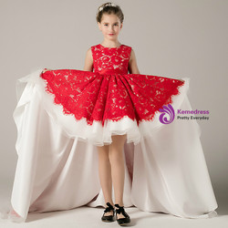 A-Line Hi Lo Red Lace Sleeveless With Bow Flower Girl Dress