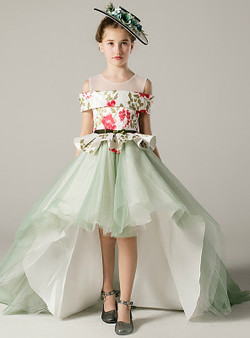 A-Line Hi Lo Green Tulle Print Flower Girl Dress With Sash
