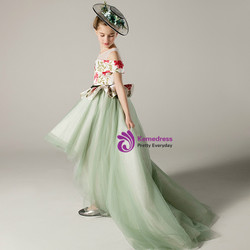 A-Line Hi Lo Green Tulle Print Flower Girl Dress With Sash