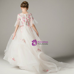 A-Line White Tulle Short Sleeve Appliques Long Flower Girl Dress
