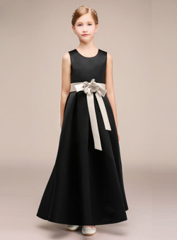 Simple A-Line Black Satin Sleeveless Long Flower Girl Dress