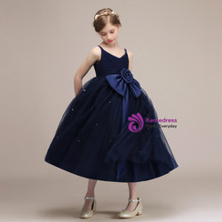 Navy Blue Spaghetti Straps Tulle Tea Length Flower Girl Dress